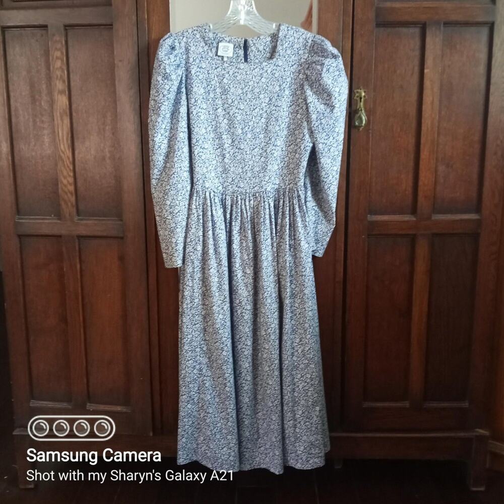 Vintage LAURA ASHLEY Prairie Dress M 8 Cotton Blue Floral Cottage Puff Sleeve